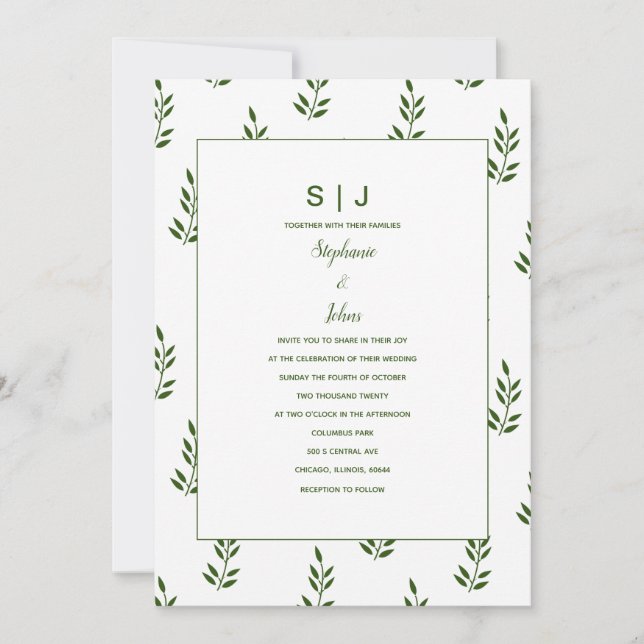 Evergreen Forest Grönt White Löv Monogram Bröllop Inbjudningar (Framsida)