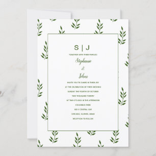 Evergreen Forest Grönt White Löv Monogram Bröllop Inbjudningar