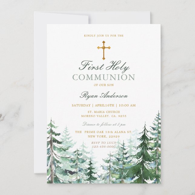 Evergreen Forest Kor Boy First Heliga Communion Inbjudningar (Framsida)