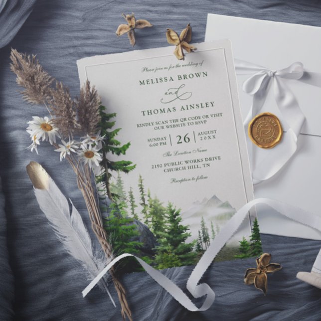 Evergreen Forest Rustic Mountain QR Code Wedding Inbjudningar (Skapare uppladdad)