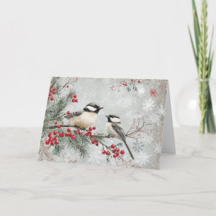 Evergreen Gren med Chickadees och Snöflingor Kort