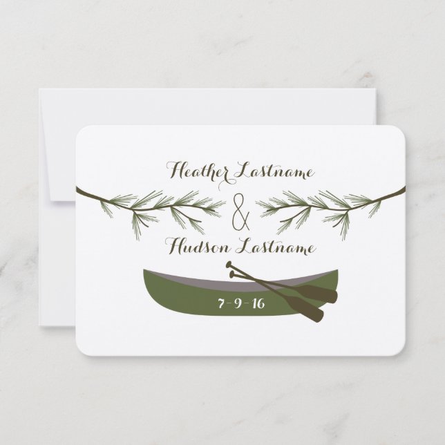 Evergreen Grenar + Canoe Bröllop spara datum Datumet (Framsida)