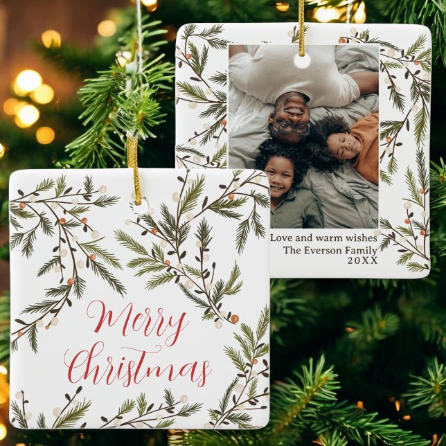 Evergreen Grenar Festive Helgdag Photo jul Julgransprydnad Keramik (Evergreen Branches Festive Holiday Photo Christmas Ceramic Ornament)