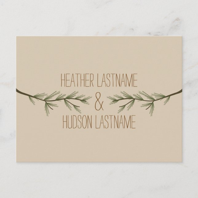 Evergreen Grenar Rustic Save Date Meddelande Vykort (Framsida)