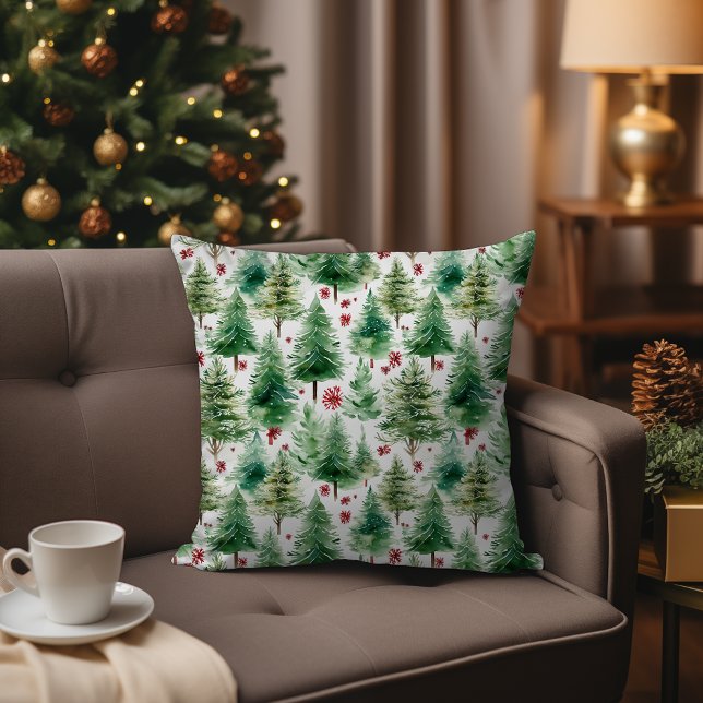 Evergreen Julgran Watercolor Winter Forest Kudde (Evergreen Christmas Tree Watercolor Winter Forest Throw Pillow in Christmas Living Room)