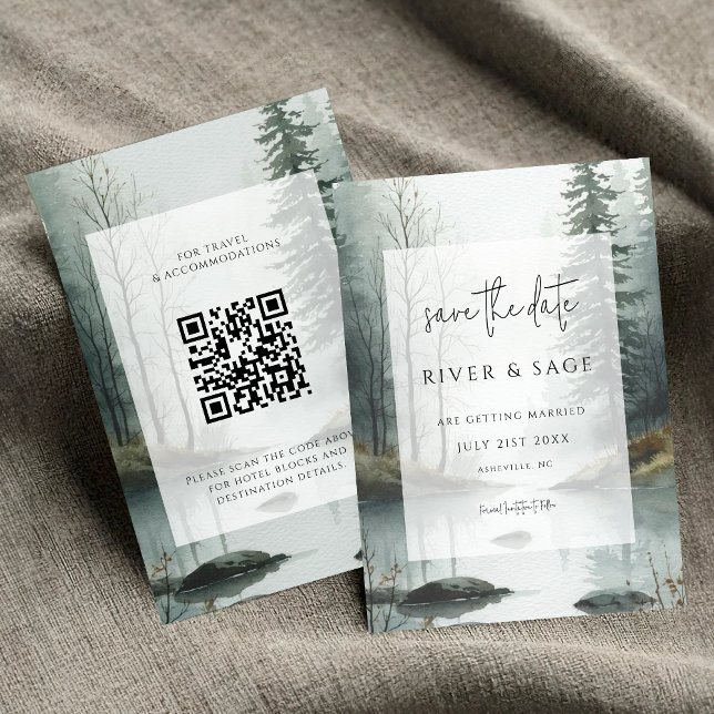 Evergreen Mist | Rustic Forest QR Save the Date (Skapare uppladdad)