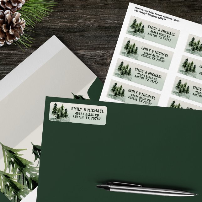 Evergreen Mountain Forest Grönt White Black Returadress Etikett (Skapare uppladdad)