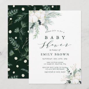 Evergreen och Cotton Flower Bouquet Baby Shower Inbjudningar