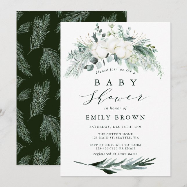 Evergreen och Cotton Flower Bouquet Baby Shower Inbjudningar (Fram/baksida)
