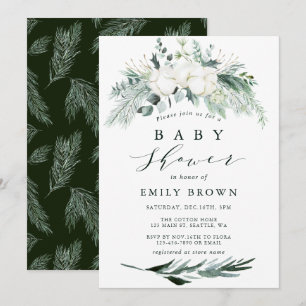 Evergreen och Cotton Flower Bouquet Baby Shower Inbjudningar