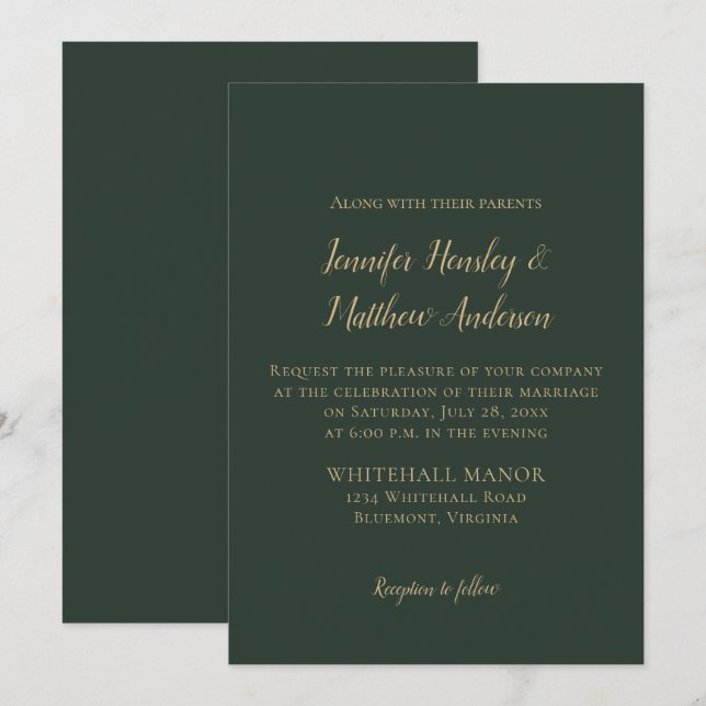 Evergreen och Guld Winter Wedding Inbjudningar (Fram/baksida)