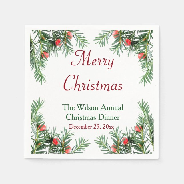 Evergreen och Red Berries Jul Napkins Pappersservett (Framsidan)