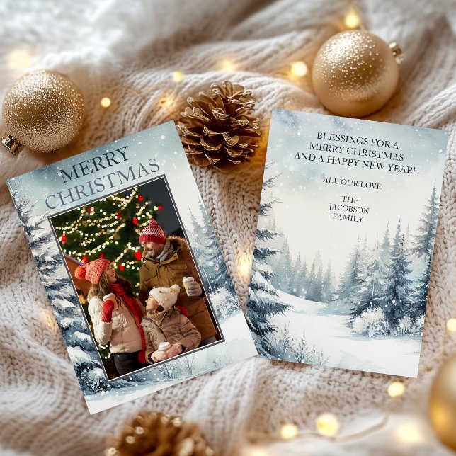 Evergreen Photo-julkort Inbjudningar (Photo Merry Christmas Card with Evergreens)