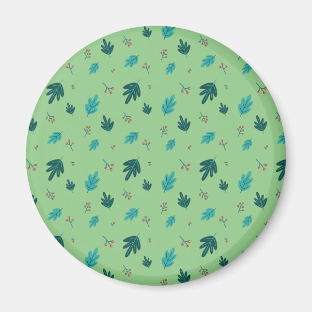 Evergreen Träd Lövs & Red Holly Berries Magnet (Framsidan)