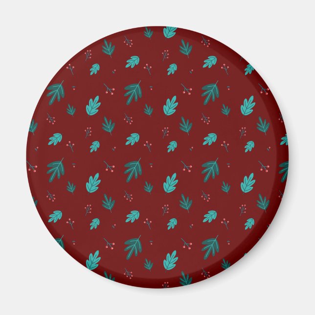 Evergreen Träd Lövs & Red Holly Berries Magnet (Framsidan)