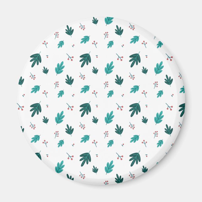 Evergreen Träd Lövs & Red Holly Berries Magnet (Framsidan)