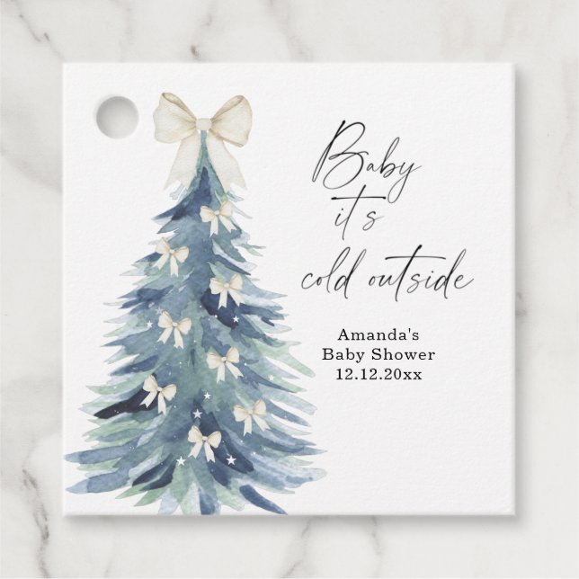 Evergreen träd med bows Babydusch Gåvor Etiketter (Framsida)