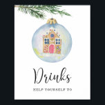 Evergreen vintertid gren - Drinks Poster<br><div class="desc">Vinter gren med leksak. Vattenfärgad babyduschinbjudan med julen gräs gren med nyårets bollar i leksak i ett brödhus. Matchande objekt är tillgängliga.</div>
