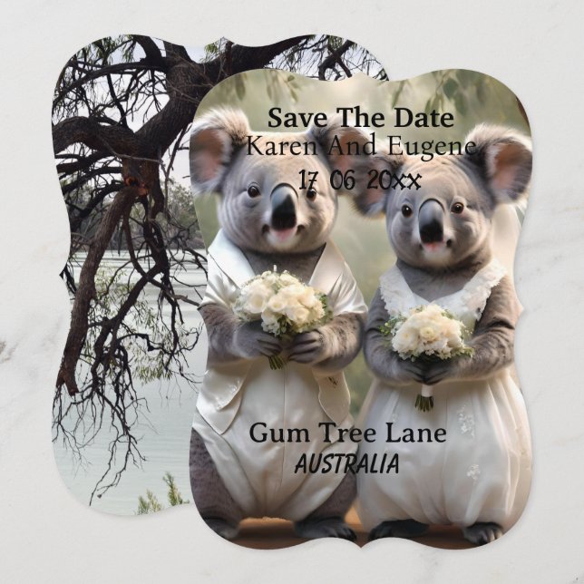 "Evergreen Vows: A Koala Bröllop in White" Inbjudningar (Fram/baksida)