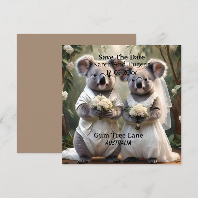 "Evergreen Vows: A Koala Bröllop in White" Inbjudningar (Fram/baksida)