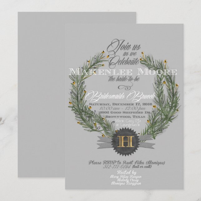 Evergreen Wandew/Monogram-inbjudan Inbjudningar (Fram/baksida)