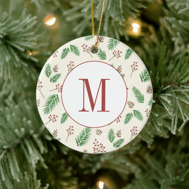 Evergreen Winter Blommigt Initial Monogram jul Julgransprydnad Keramik (Träd)