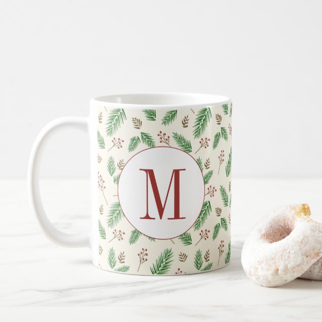 Evergreen Winter Blommigt Initial Monogram jul Kaffemugg (Med munk)