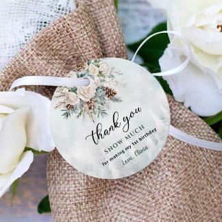 Evergreen Winter First Birthday Tack Gåvor Etiketter