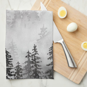 Evergreens i Forest Foggy Mountain i Black Kökshandduk