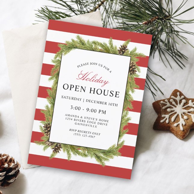 Evergreens och Rand Helgdag Open House Inbjudningar (A festive holiday open house invitation in red and white stripes with evergreens.)
