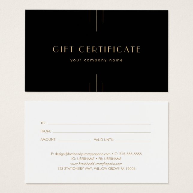 EVERLY Art Deco Black and Gold Gift Certificate Visitkort (Framsida & baksida)