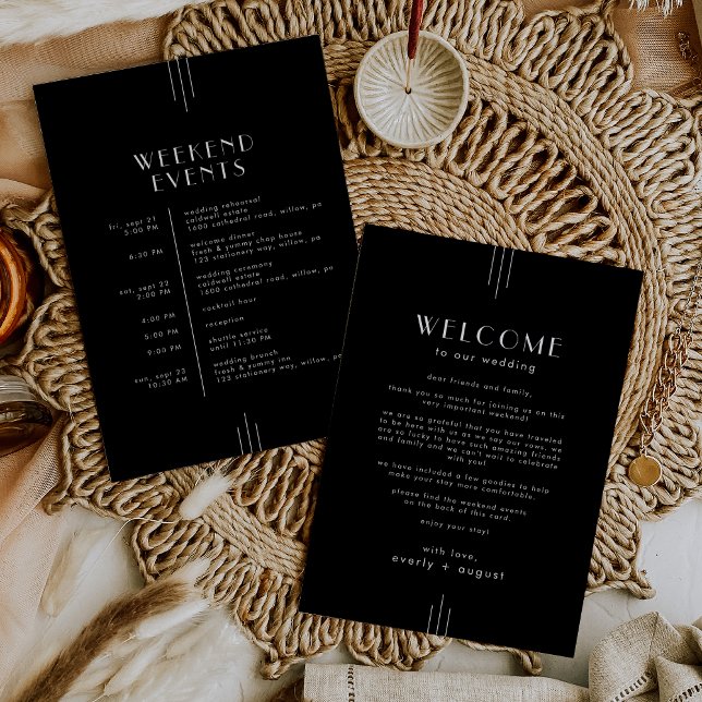 EVERLY Art Deco Black Bröllop Helg Itinerary Inbjudningar (EVERLY Art Deco Black Wedding Weekend Itinerary Invitation)