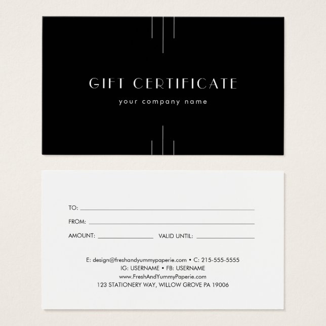 EVERLY Art Deco Black Business Gift Certificate Visitkort (Framsida & baksida)