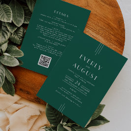 EVERLY Art Deco Emerald Green QR Code Wedding Inbjudningar