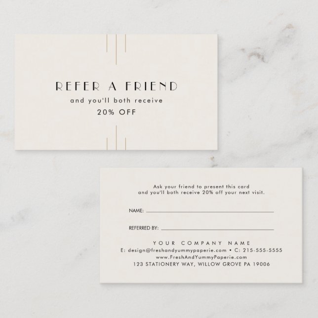 EVERLY Art Deco Ivory Gold Black Refer A Friend Rabattkort (Fram/baksida)