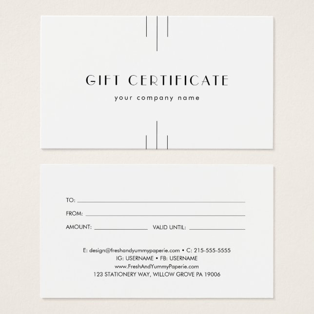 EVERLY Art Deco Minimal Business Gift Certificate Visitkort (Framsida & baksida)
