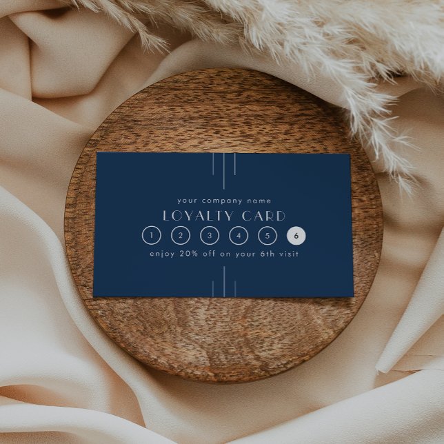 EVERLY Art Deco Navyblå Affärsbelöning 6 Punch Lojalitetskort (EVERLY Art Deco Navy Blue Business Reward 6 Punch Loyalty Card)