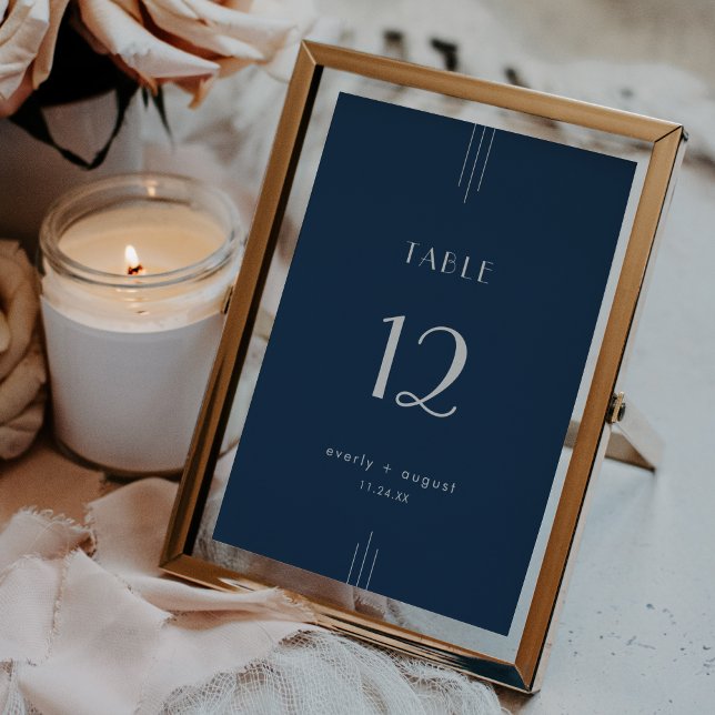 EVERLY Art Deco Navyblå Bröllopsbordnummer Inbjudningar (EVERLY Art Deco Navy Blue Wedding Table Numbers)