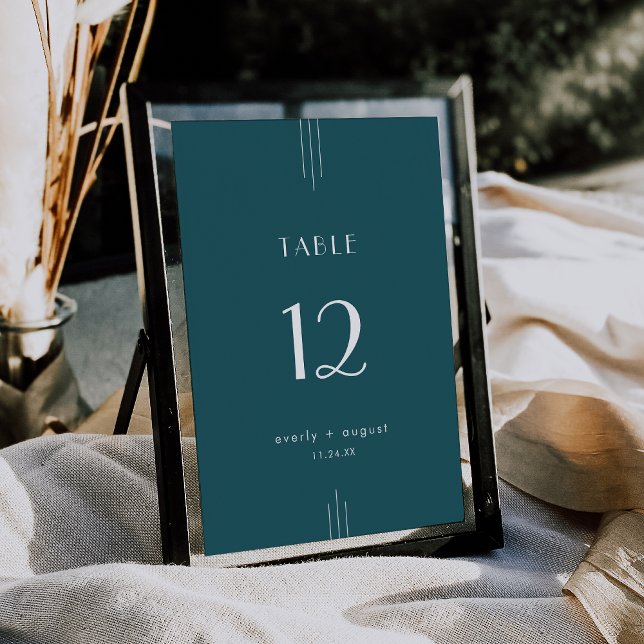 EVERLY Art Deco Påfågel Teal Bröllops Bordnummer Inbjudningar (EVERLY Art Deco Peacock Teal Wedding Table Numbers)