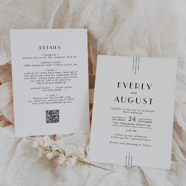 EVERLY Art Deco Simple White Black QR Code Bröllop Inbjudningar (EVERLY Art Deco Simple White Black QR Code Wedding Invitation)