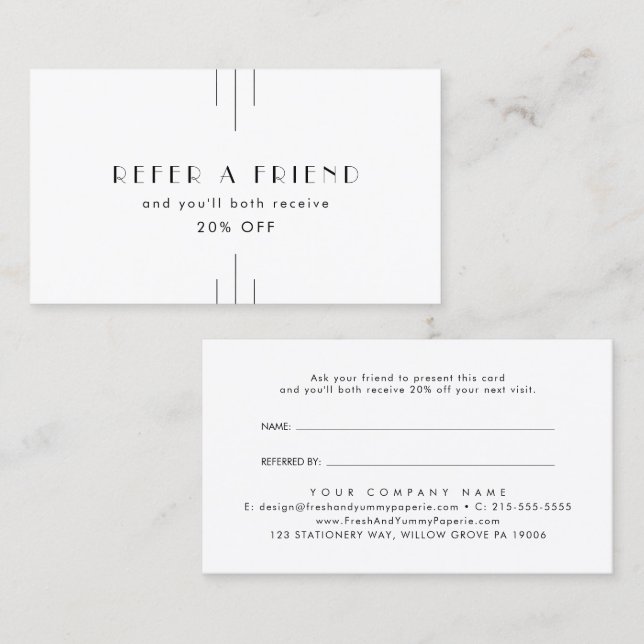 EVERLY Art Deco White Black Refer A Friend Rabattkort (Fram/baksida)