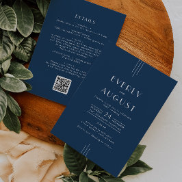 EVERLY Classic Art Deco Navy Blue QR Code Wedding Inbjudningar