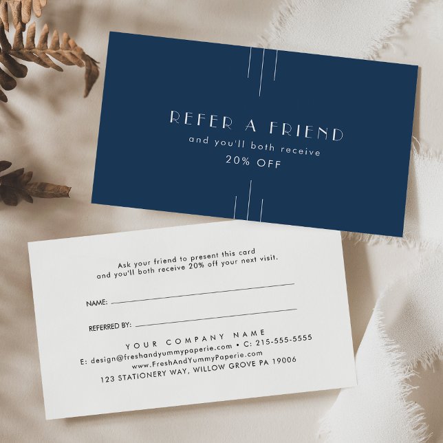 EVERLY Classic Art Deco Navy Blue Referera en vän Rabattkort (EVERLY Classic Art Deco Navy Blue Refer A Friend Referral Card)