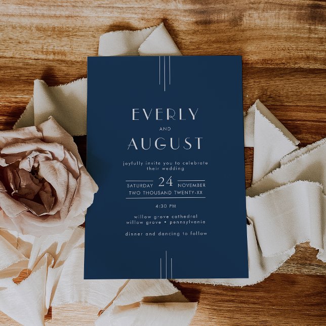 EVERLY Classic Modern Art Deco Navy Blue Wedding Inbjudningar (EVERLY Classic Modern Art Deco Navy Blue Wedding Invitation)
