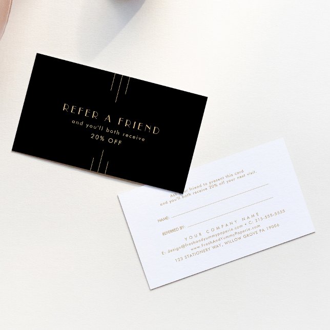 EVERLY Elegant Art Deco Svart Guld Referera En Vän Rabattkort (EVERLY Elegant Art Deco Black Gold Refer A Friend Referral Card)