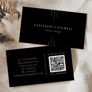 EVERLY Elegant Art Deco Svart och Guld QR-kod Visitkort