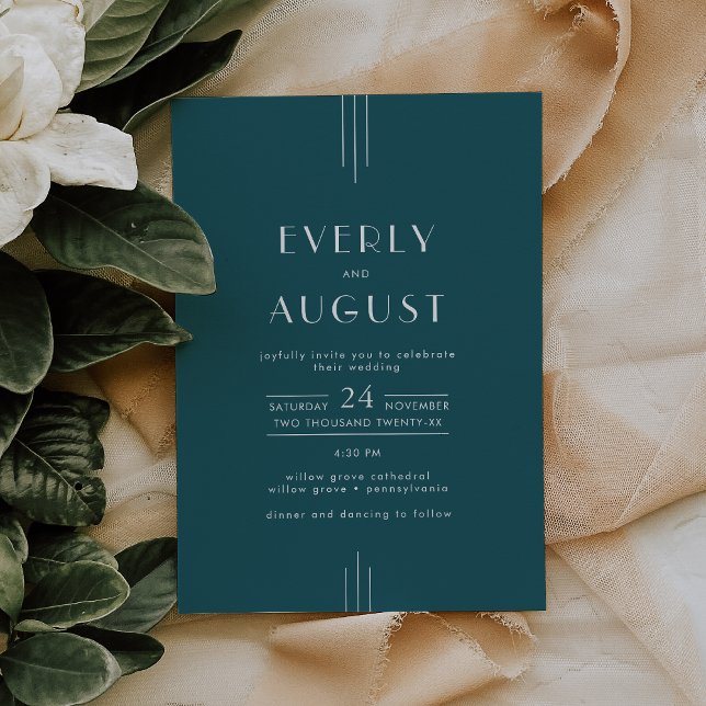 EVERLY Enkel Retro Art Deco Påfågel Teal Bröllop Inbjudningar (EVERLY Simple Retro Art Deco Peacock Teal Wedding Invitation)