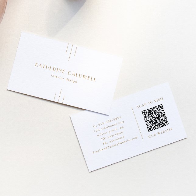 EVERLY Gold Art Deco Simple Geometric QR Code Visitkort (EVERLY Gold Art Deco Simple Geometric QR Code Business Card)