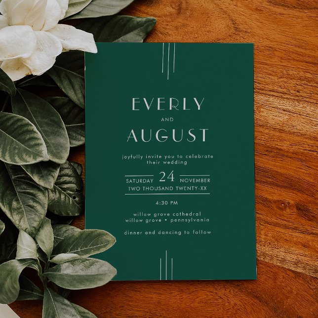 EVERLY Juvelton Art Deco Smaragdgrön Bröllop Inbjudningar (EVERLY Jewel Tone Art Deco Emerald Green Wedding Invitation)
