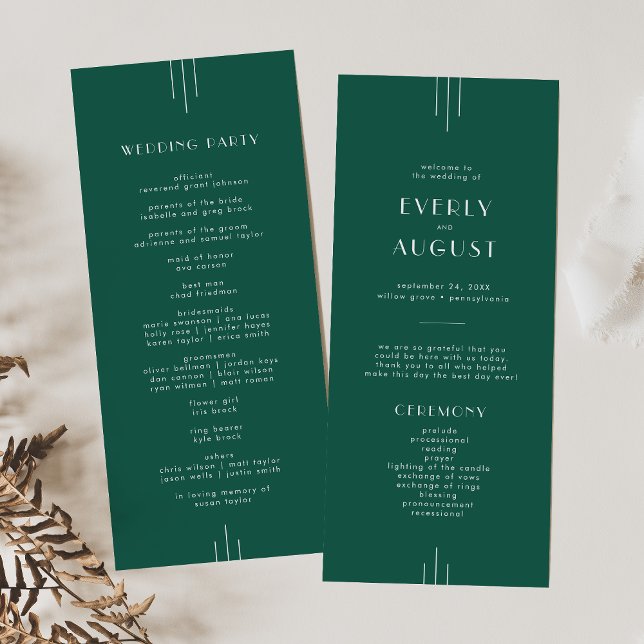 EVERLY Juvelton Art Deco Smaragdgrön Bröllop Program (EVERLY Jewel Tone Art Deco Emerald Green Wedding Program)